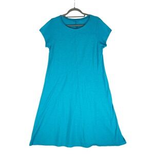 Cut Loose Teal Cotton Linen Slub‎ Knit Short Sleeve A-Line Midi Dress Medium